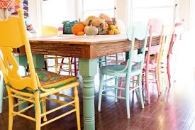 Love The Colors The Different Chairs The Rustic Table Top The Light In The Room And Everything Else Descripti Dining Room Colors Painted Dining Chairs Home