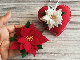 Felt Poinsettia Ornament Heart Ornament Christmas Decoration Christmas Decor Xmas Flower Decorations Heart Christmas Ornaments Felt Crafts Christmas Felt Ornaments