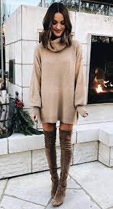 Simple Outfit Idea For Thanksgiving Day Beige Sweater Dress And Over Knee Boots Cute Fall Fashion Autumn Fashion 2018 Autumn Fashion