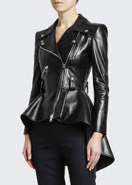 Alexander Mcqueen Leather Fit Flare Biker Jacket In 2021 Biker Jacket Designer Leather Jackets Leather Peplum
