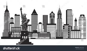Black And White Cityscape Cartoon New York City Skyline With Statue Of Liberty Black And White Outline Illustration Vector New York Skyline Silhouette City Vector Black And White Illustration