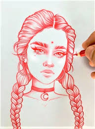 Dessin Fille Girl Jolie Pretty Visage Face Tete Head Rouge Red Main Hand Crayon Dessin De Visage Dessin De Visages Dessin Visage