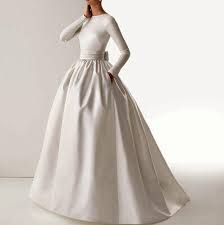 New 2015 Vintage Elegant Boat Neck Long Sleeve Sash Bow Pockets Ball Gown Long White Muslim Ball Gown Wedding Dresses 2015 Vestido Ball Dresses Black And White Wedding Dresses Elegant