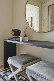 Black Waterfall Console Table With Gray Velvet X Stools Contemporary Entrance Foyer Black Console Table Contemporary Console Home Accessories