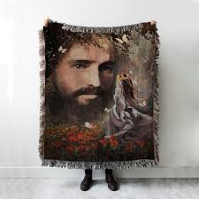 Face Of Jesus Pretty Girl Red Flower Garden Woven Blanket Art