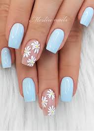 32 Hottest Cute Summer Nail Designs Baby Blue Mixed Daisy On Transparent Nails