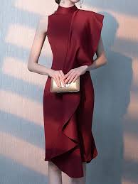 Burgundy Stand Collar Ruffled Sheath Elegant Evening Midi Dress Evening Midi Dress Cocktail Dress Classy Long Sleeve Cocktail Dress