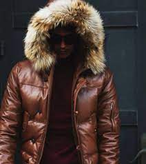 Mens Leather Jacket A Hooded Puffy Style With Real Fur Trim Men S Leather Jacket Leather Jacket Men Winter Jackets