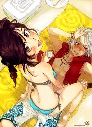 rusky, gokudera hayato, miura haru, katekyo hitman reborn!, silver hair,  bad deviantart id, bad id, 1boy, 1girl, :d, anklet, barefoot, bikini,  blush, brown eyes, brown hair, camera, from above, green eyes, hand