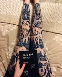 Black And Gray Traditional Tattoo Sleeve Gorgeously Tattooed Legs On A Lady Named Katie Reading The Well Known Book Of Poetry Milk And Honey Tr Leg Tattoos Traditional Tattoo Sleeve Leg Sleeve Tattoo
