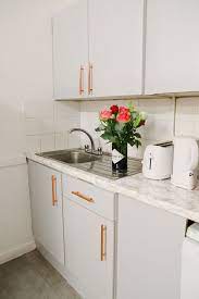How To Paint Laminate Mdf Kitchen Cabinets I Am So Excited As This Week We Gave Our Work Kitchen A Complete Makeover I Am Sha Dapur Minimalis Dapur Minimalis