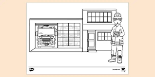 This first fire department coloring page features the star of the department: Fire Station Colouring Sheet