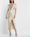 Bridal Satin Ruched Slit Front Midi Dress | Express