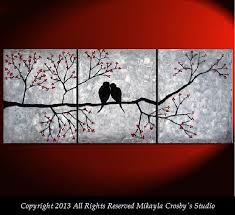 Love Birds Huge Tree Branch Flowers Blossoms Big Canvas Original Painting Modern Contemporary Abstract Home Decor Tripty Canvas Painting Painting Tree Painting