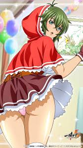 kyocho chuukou, ikkitousen, highres, official art, 1girl, ass, blurry,  blurry background, brown gloves, brown skirt, bustier, capelet, copyright  name, from behind, gloves, green eyes, green hair, hair between eyes, hood,  hood up, hooded capelet, layered skirt ...