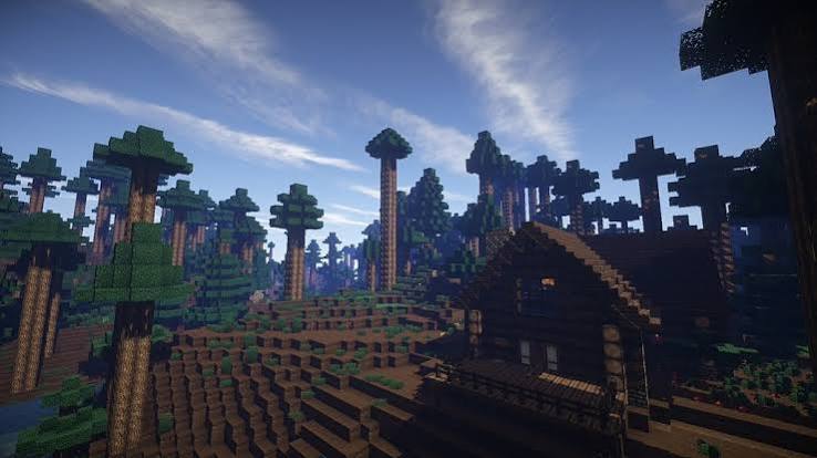 A minecraft landscape with a small house in the middle of… — PICRYL - Public Domain Media Search Engine