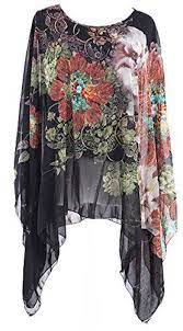 Uplife Womens Loose Batwing Sleeve Tops Flower Bohemian Chiffon Blouse T Shirt Tops One Size Black Casual Chiffon Dress Women Chiffon Blouse Batwing Sleeve Top