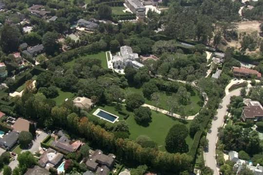 Aerial perspective of the 9-acre Beverly Hills Warner Estate, AI generated