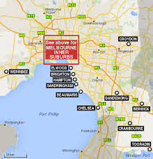 The map shows a city map of melbourne with expressways, main roads, and streets, zoom out to find. Melbourne Suburbs Map Travel Victoria Accommodation Visitor Guide