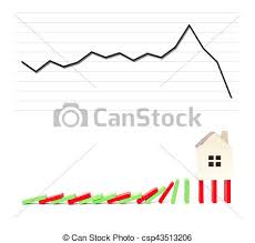 House Standing On Falling Dominos With A Falling Chart On Background As A Financial Concept