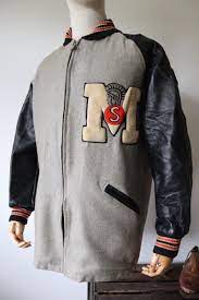 Vintage 1960s 60s Grey Wool Leather Varsity Jacket 46 Chest Trojan Chenille Patch M Coleman Knitting Mills College Ivy League Car Coat Leather Varsity Jackets Varsity Jacket Car Coat