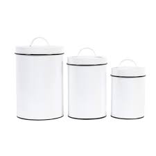 | white enamel metal holiday farm decorative canisters with wood lid 3 piece set. Outshine White Metal Nesting Kitchen Canisters Air Tight Lids Kitchen Decor Canister Set Vinta Kitchen Canisters Airtight Food Storage White Canister Set
