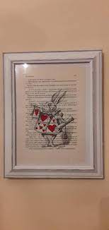 Ink Drawing On Old Book Page Framed Wood Decape Subject Alice In Wonderland White Rabbit Old Book Pages Alice In Wonderland Antique Books