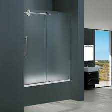Framed sliding bathtub door kit in silver with pebbled glass: Vigo 60 Inch Frameless Tub Door 3 8 Frosted Chrome Hardware Left Product