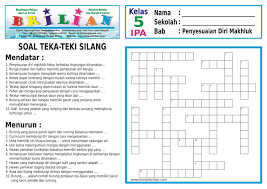 Soal penilaian akhir semester/tahun pada aspek pengetahuan tema panas dan perpindahannya terdiri dari pilihan ganda, esai/isian singkat, dan uraian. Soal Teka Teki Silang Tts Sd Kelas 5 Bab Penyesuaian Diri Makhluk Hidup Adaptasi Bimbel Brilian