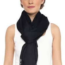 Pashtush Womens Stole, Fine Wool Scarf, Paisley Jacquard Weave, Black