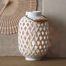 White Woven Ceramic Lantern Small Large Set Of 3 Price 295 00 Size Large 14 H X 7 D Small Ceramic Lantern Ceramic Candle Holders Lantern Candle Holders