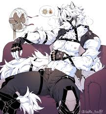 349427 - safe, artist:beetle_bun, von lycaon (zzz), canine, mammal, wolf,  anthro, zenless zone zero, fur, male, sitting, solo, solo male, white body,  white fur - Furbooru