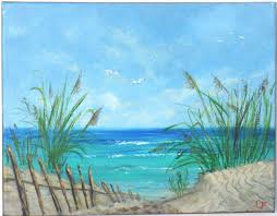 Tropical Beach Ocean Painting With Turquoise Water Sand Dunes Sea Grass Fence And Seagulls 11x14 Happy Beach Scene Painting Ocean Painting Beach Painting
