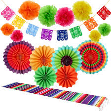 We partner with artisans and vendors to offer truly unique and authentic items that you won't find anywhere else. Amazon Com 16 Pieces Fiesta Party Decorations Kit 1 Mexican Serape Table Runner 6 Fiesta Colorful Paper Fans Round Wheel Disc 8 Pom Poms Flowers 1 Felt Papel Picado Banner For Cinco De