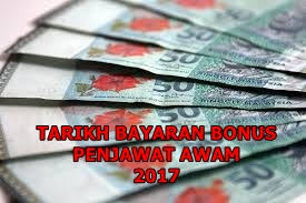 For more information and source, see on this link : Tarikh Pembayaran Bonus Penjawat Awam 2017