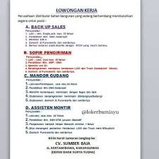 .cirebon memiliki sim a/ b1 ( untuk driver) diutamakan memiliki pengalaman kerja minimal 1 tahun sesuai bidang yang dilamar. Lowongan Kerja Sopir Pengiriman Februari 2021