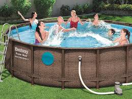 Bestway Kit Piscine Power Steel Swim Vista Pool Ronde O488x122cm Aspect Tresse Avec Hublots