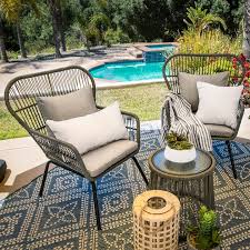 3 Piece Patio Wicker Conversation Bistro Set W 2 Chairs Table Cushions Bistro Set Outdoor Patio Decor Glass Top Side Table