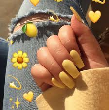 Long yellow acrylic manicure (coffin shape) with sunflowers on clear nails. Short Acrylic Nails Yellow Coffin Nail And Manicure Trends