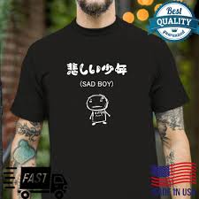 So they put on their hats and coats and climb a hill, pulling a red sled. Aesthetic Japanese Cool Sad Boy White Design Harajuku Shirt