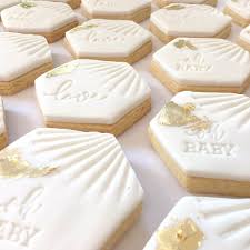 Baby Shower Favors Fondant Topped Decorated Sugar Cookies With Shell Imprint Gold Leaf Sugar Cookies Decorated Baby Shower Cookies Sugar Cookies
