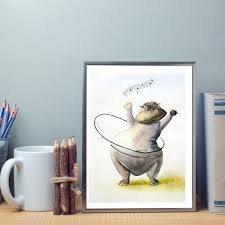 Funny Animal Art Print Cartoon Animal Print Art Dancing Hippo Illustration Funny Gift Art Nursery Room Wall Decor Print Watercolor Art Prints Art Art Gift