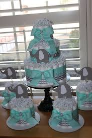 Elephant Diaper Cake Bundle Mint Gray Elephant Theme Diaper Cake Elephant Theme Baby Shower Decora Bolo De Fraldas Bolo De Fraldas Menino Baby Shower Cakes