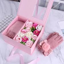 Valentine S Day 2 Pieces Set Winter Scarf Gloves Soap Rose Gift Box Flower Box Gift Rose Gift Flower Gift