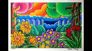 See more of ruang menggambar dan mewarnai on facebook. Cara Menggambar Pemandangan Kebun Bunga Dg Gradasi Warna Youtube Seni Krayon Seni Melukis Taman Bunga