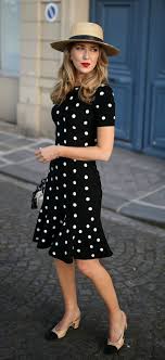 Dinner Al Fresco Black And White Polka Dot Fit And Flare Knit Dress Chanel Slingbacks Mark Cross Benchley Bag Janessa Leone Fashion Trendy Fashion Style
