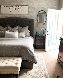 Graphite, black & grey printed modern motif wallpaper this wallpaper design is in a graphite, black & grey colour scheme. Grey And White Brick Nuwallpaper In A Traditional Master Bedroom With Farmhouse Flair White Brick Wallpaper Bedroom Brick Wall Bedroom Feature Wall Bedroom