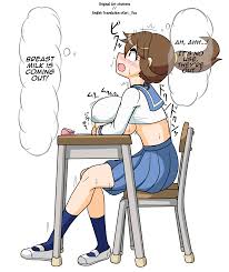 highres, translated, 1girl, blue skirt, blush, breast expansion, breast  rest, breasts, chair, deleted pixiv user, desk, embarrassed, english text,  from side, huge breasts, hutonts, kneehighs, lactation, lactation through  clothes, midriff, midriff peek,