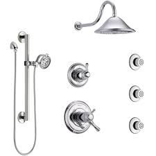 Delta Cassidy Chrome Shower System With Dual Thermostatic Control Diverter Showerhead 3 Body Sprays And Hand Shower With Grab Bar Ss17t29715 With Images Shower Systems Delta Cassidy Shower Controls