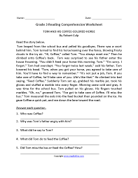 Tom And Coffee Colored Horse Third Grade Reading W Third Grade Reading Worksheets Reading Comprehension Worksheets Third Grade Reading Comprehension Worksheets